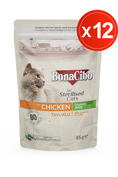 BonaCibo Jöleli Tavuklu Yaş Kısır Kedi Maması, 85 Gr x 12 Adet, Tüm Irklar İç...
