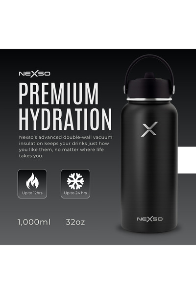 NEXSO 1L Black Insulated Stainless Steel Water Bottle | Double Wall Thermos with 3 Leak-Proof Lids