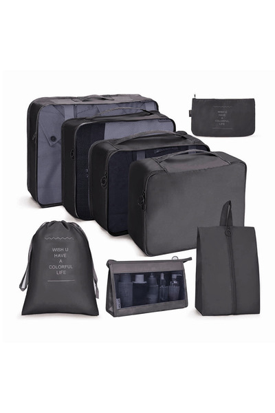 NEXSO Black Travel Organizer 8Pcs Set | Packing Bags, Waterproof Cubes, Toile...