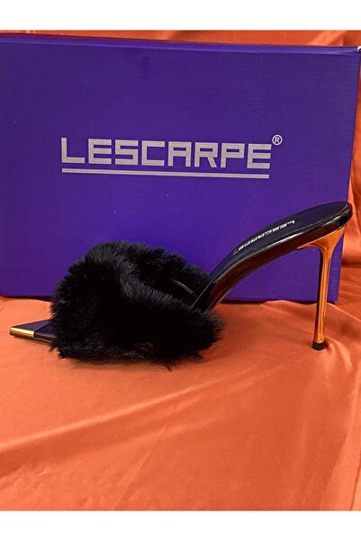 lescarpe LES020 SİYAH TÜYLÜ KADIN TOPUKLU TERLİK