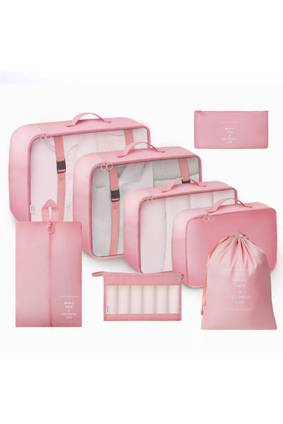 NEXSO مجموعة منظم سفر وردية من ٨ قطع | حقائب تعبئة، مكعبات مقاومة للماء، حقائب أدوات نظافة وأحذية