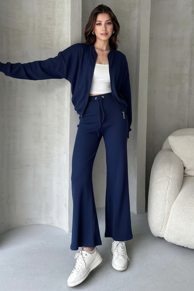 EYYE Navy Blue Camisole Pants Bomber Jacket Women's Bottom Top Set