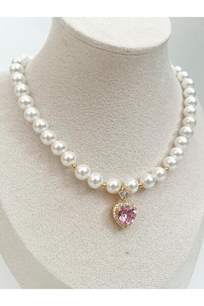 Zey Jewellery Parla Kalp İnci Kolye - Pembe Zirkon Taş