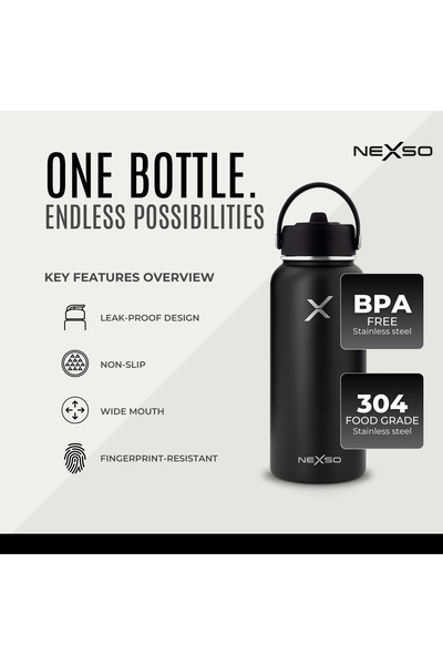 NEXSO 1L Black Insulated Stainless Steel Water Bottle | Double Wall Thermos with 3 Leak-Proof Lids