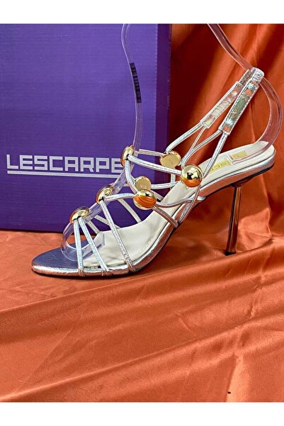 lescarpe LES043 GÜMÜŞ TOP DETAYLI İNCE KAYIŞLI BİLEKTEN LASTİK BAĞLAMALI YÜKS...
