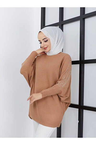 SAHRA BUTİK Μπεζ Bat Sleeve Stone Knitwear Tunic - SAHRA BUTIK