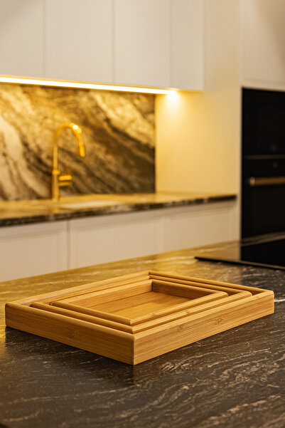 MAKRİ HOME 3’lü Ahşap Tepsi Seti, Büyük Tepsi: 40 x 30 cm, Orta Tepsi: 35x25 ...