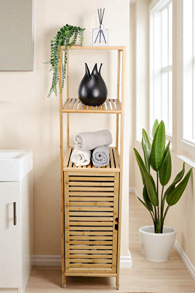 Digithome Bambu Tek Kapaklı 3 Raflı Çok Amaçlı Banyo Düzenleyici Organizer Dik Dolap DB-0037