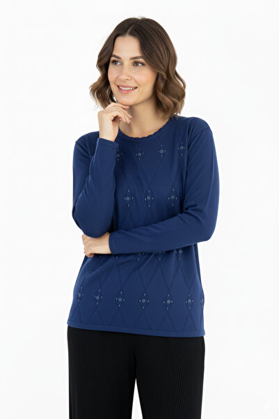 Oppland Kadın Kışlık Şirin Minik Taşlı Kendinden Desenli Normal Kesim Likralı Dokuma Anne Kazak