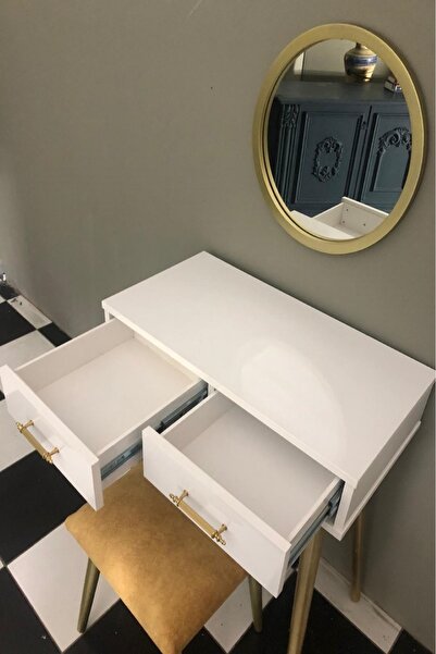 Ashley DRESUAR BEYAZ MDF 2 ÇEKMECE,40 CM GOLD YUVARLAK AYNA, NUBUK KUMAS TABURE,GOLD RENK AYAK