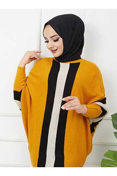 SAHRA BUTİK Mustard Colored Striped Bat Knitwear Tunic - Sahra Butik