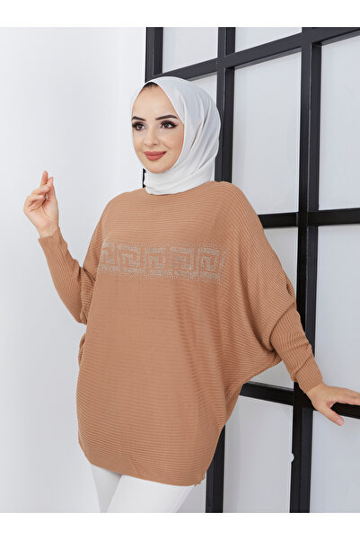 SAHRA BUTİK Tricotaj cu mânecă liliac cu piatră în față - Bej - SAHRA BUTIK