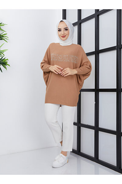 SAHRA BUTİK Tricotaj cu mânecă liliac cu piatră în față - Bej - SAHRA BUTIK