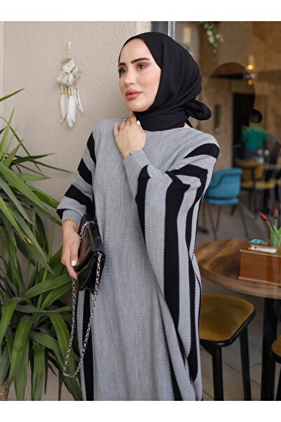 SAHRA BUTİK Γκρι ριγέ πλεκτό φόρεμα νυχτερίδας - Sahra Boutique