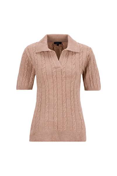 Fabrika Gömlek Yaka Relaxed Saç Örgü Desenli Camel Kazak Kadın F5WL-KZK0257