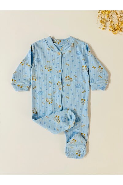 Vivolas Baby Romper with Booties and Snap Fasteners, Blue Dog Pattern (0-3 Months)