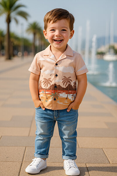 GAMZEAKKUŞ Short Sleeve Printed Shirt, and Jeans 2-Piece Boy's Suit