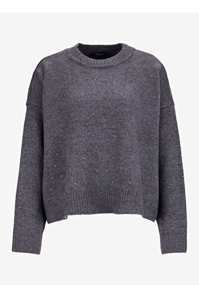 Fabrika Bisiklet Yaka Loose Fit Taşlı Antrasit Melanj Kazak Kadın F5WL-KZK0120