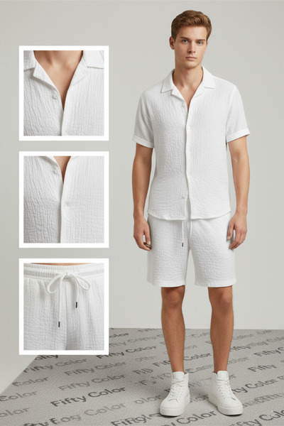 Fifty Color Alaçatı Style, Men'S, Wrinkle, Crinkle Fabric, Summer Lycra Shirt, and Shorts Jogger Set, Combination