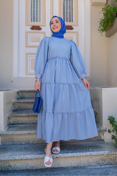 HARMONY GLOBAL Indigo Blue Sue Striped Layer Pleated Seersucker Muslin Fabric Hijab Dress 3025