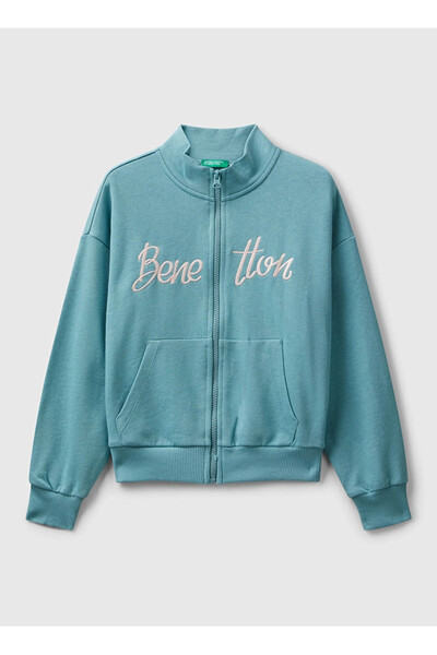 Benetton Κεντημένο κοριτσίστικο γκρι - πράσινο φούτερ 3J68C505D