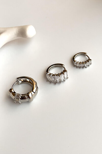 Radino Collection Women's Silver Color Baguette Stone 3-Piece Hoop Steel Earring Set – Tarnish-Free Stainless