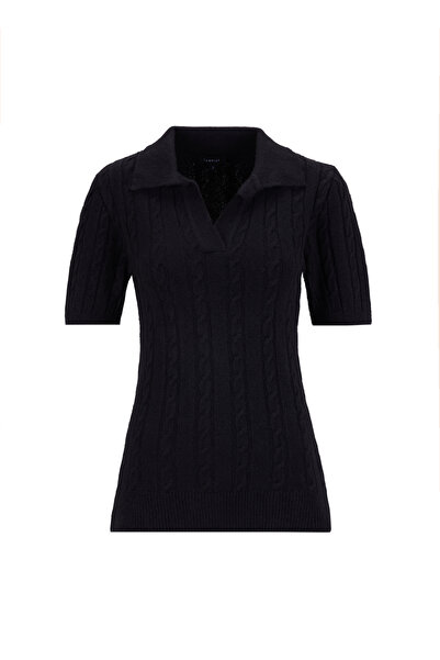 Fabrika Gömlek Yaka Relaxed Saç Örgü Desenli Siyah Kazak Kadın F5WL-KZK0257