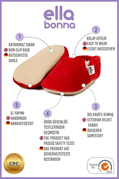 Ella Bonna Kadife Bebek Patiği, Kaydırmaz Taban, Kreş Ayakkabısı Patik