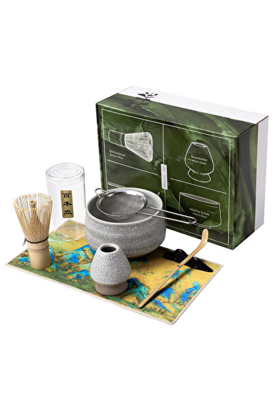 NEXSO طقم ماتشا تقليدي من ٧ قطع | خفاقة خيزران، مغرفة، وعاء، منخل، حامل، ومنشفة شاي