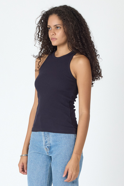 mmetalic Ribbed Regular Fit Normal Fit Navy Blue Crew Neck Zero Sleeve Cotton Women's Tank Top