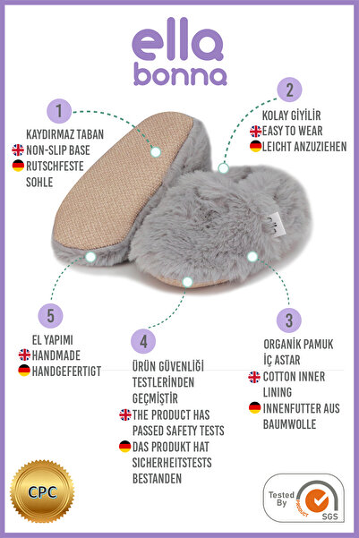 Ella Bonna Gray Organic Baby Booties - Non-Slip Sole and Soft Feather Home Boots