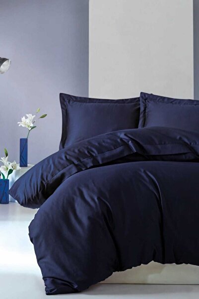 Cotton Box Елегантний сатиновий двоспальний комплект постільної білизни, темно-синій