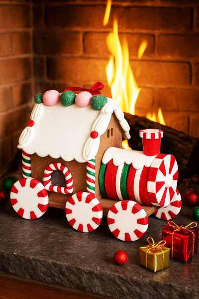 BeySüS Yılbaşı Çam Ağacı Süsü Masa Dekoru Işıklı Kurabiye Tren Kırmızı Beyaz