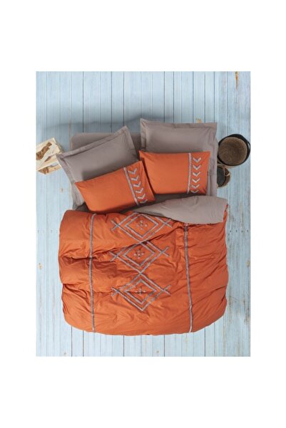 Cotton Box Puff Nakışlı Çift Kişilik Nevresim Takımı Liya Kiremit-Bej