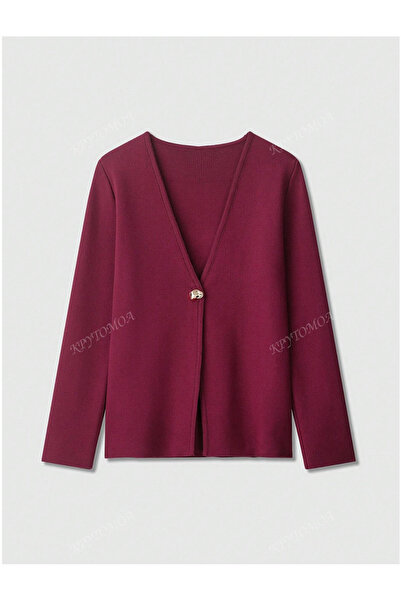 NATUFIAN STORE Women's Burgundy Single Button Modern Knitwear Cardigan