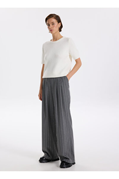 Fabrika Normal Bel Geniş Fit Gri - Beyaz Kadın Pantolon F5WL-PNT0134