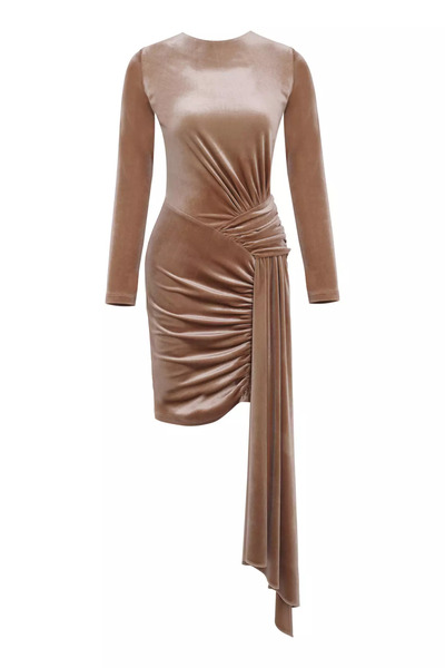 Keikei Vizon kadife uzun kol kısa elbise