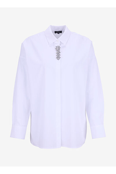 Fabrika Oversize Gömlek Yaka Taşlı Beyaz Kadın Gömlek F5WL-GML0098