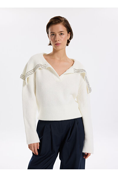 Fabrika V Yaka Relaxed Fitilli Ekru Kazak Kadın F5WL-KZK0301