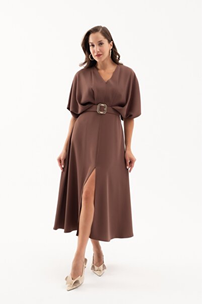Lafaba Rochie de ocazie midi maro cu decolteu în V și curea pentru femei