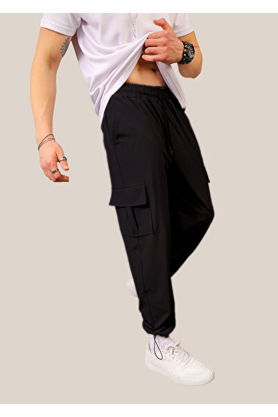EydaMoon Ανδρικό μαύρο φαρδύ αθλητικό παντελόνι Cargo με τσέπες και κλιπ στο πόδι