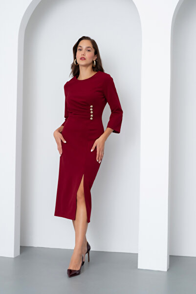 OFZE Kadın Bordo Düğme Detay Midi Davet Elbisesi