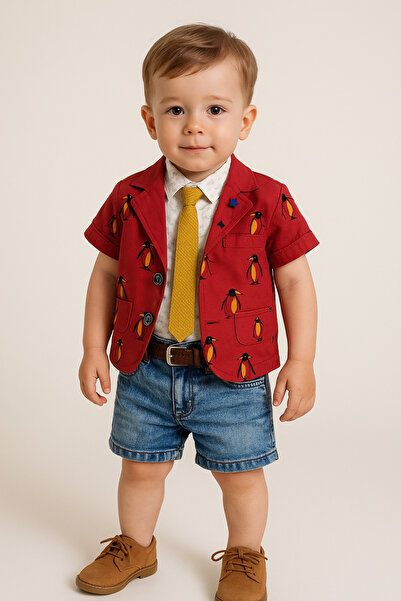 GAMZEAKKUŞ Penguin Pattern Jacket, Shirt, Denim Shorts, Tie and Belt 5-Piece Boy's Suit
