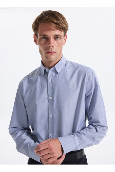 Fabrika Slim Fit Alttan Britli Yaka Çizgili Koyu Mavi Erkek Gömlek MAYDOS-Y 307