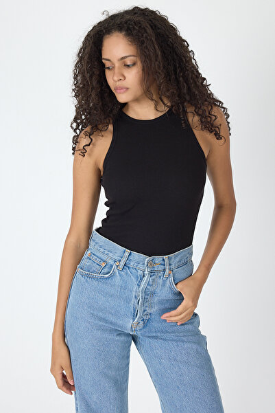 mmetalic Ribbed Regular Fit Normal Fit Black Crew Neck Zero Sleeve Cotton Women's Tank Top