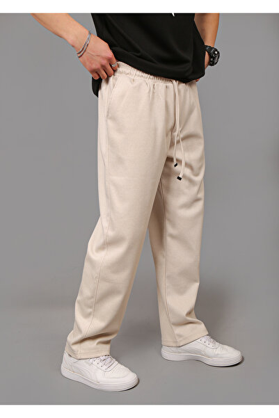 INFLUYENTE Men's Beige Baggy Cut Pique Fabric Waist Elastic Pocket Detailed Trousers Sweatpants