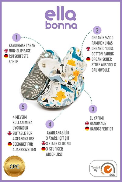 Ella Bonna Protiskluzové pantofle pro kojence a děti, domácí a školní botičky z organické bavlny - Dinosaurus