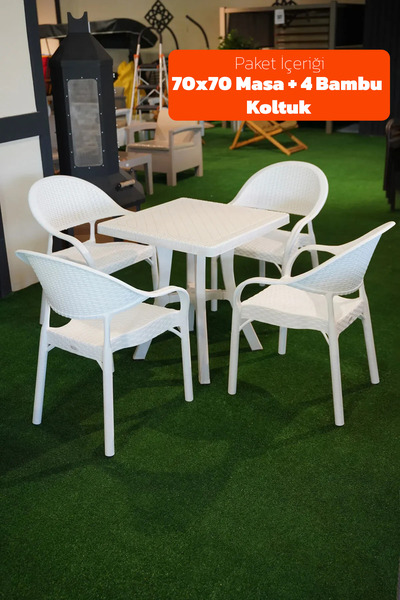 Alezy Bambu Plastik Balkon Bahçe Masa Takımı 4 Kişilik 70x70 Masa 4 Adet Bamb...
