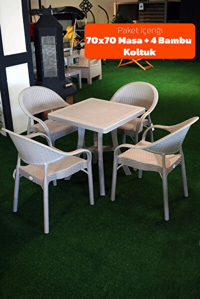 Alezy Bambu Plastik Balkon Bahçe Masa Takımı 4 Kişilik 70x70 Masa 4 Adet Bamb...