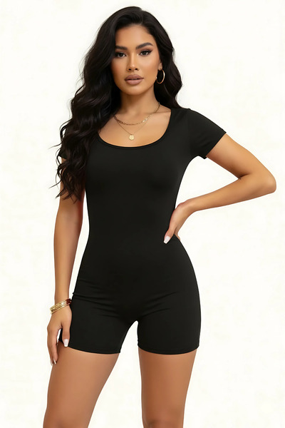 Thestiluxe Backless Short Sleeve Gathering Sports Jumpsuit